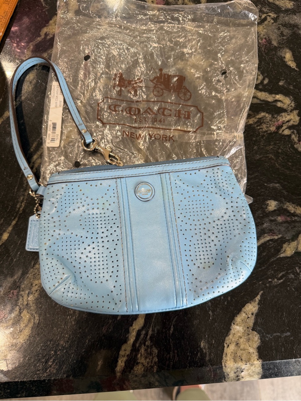 Coach Light Blue Perforated Leather Wristlet - Picture 2 of 7